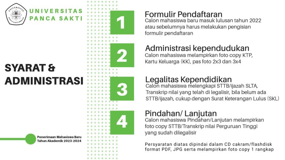 SYARAT DAN ADMINISTRASI PENERIMAAN MAHASISWA BARU UNIVERSITAS PANCA SAKTI BEKASI TAHUN AKADEMIK 2023-2024